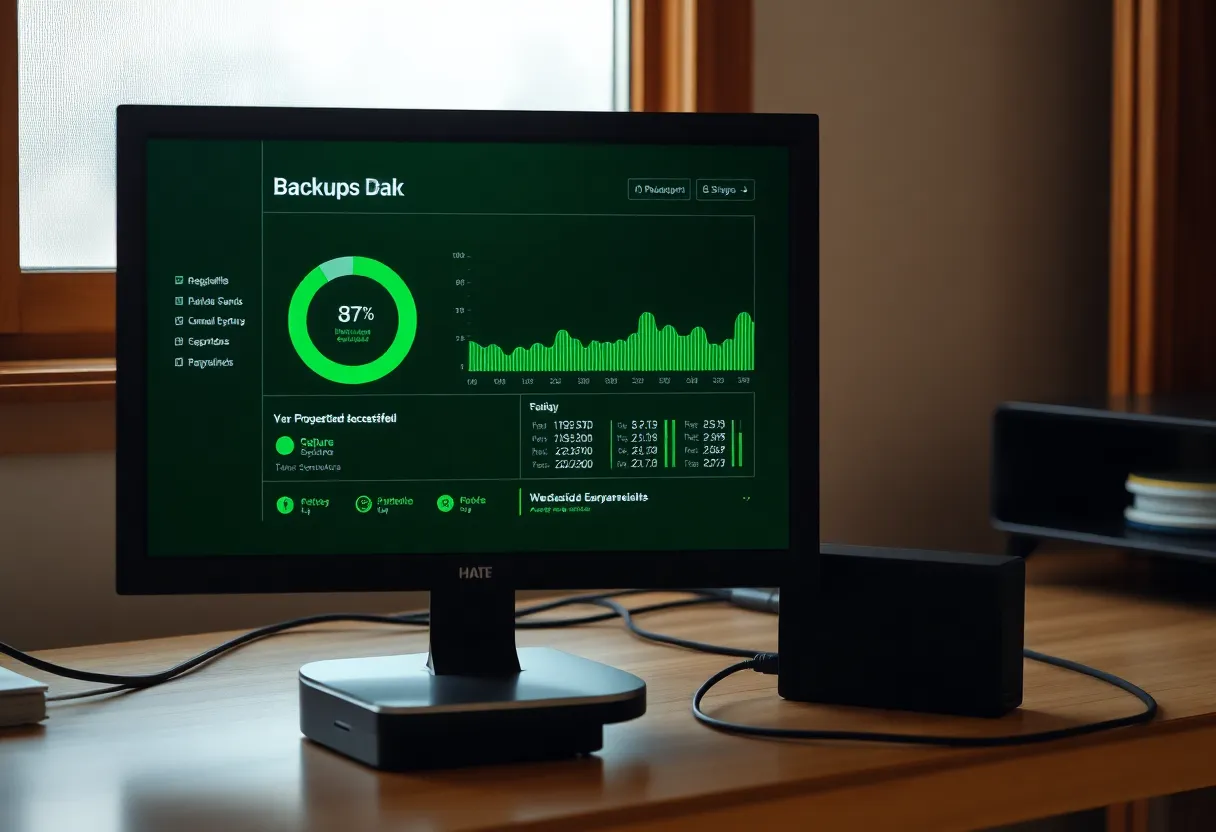 A green backup-success dashboard beside an unplugged external drive