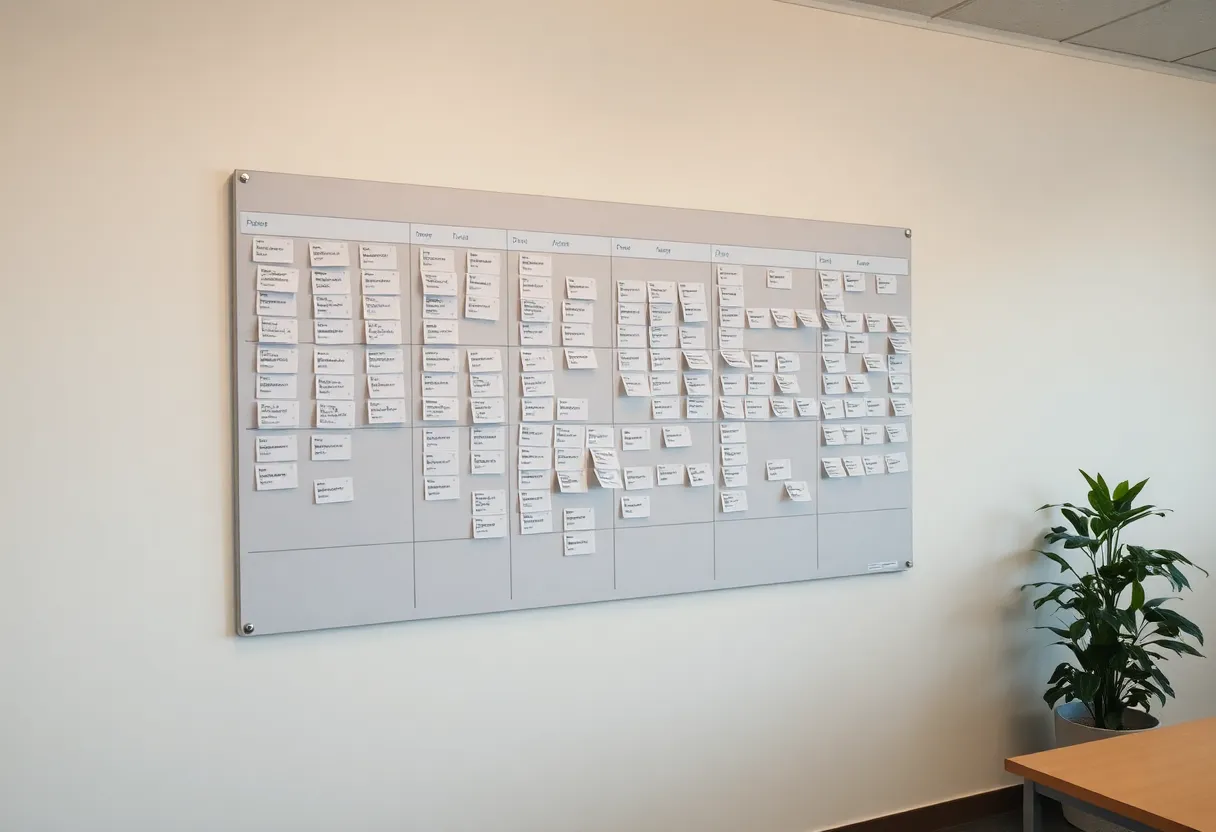 Office kanban board with many tickets in the done column