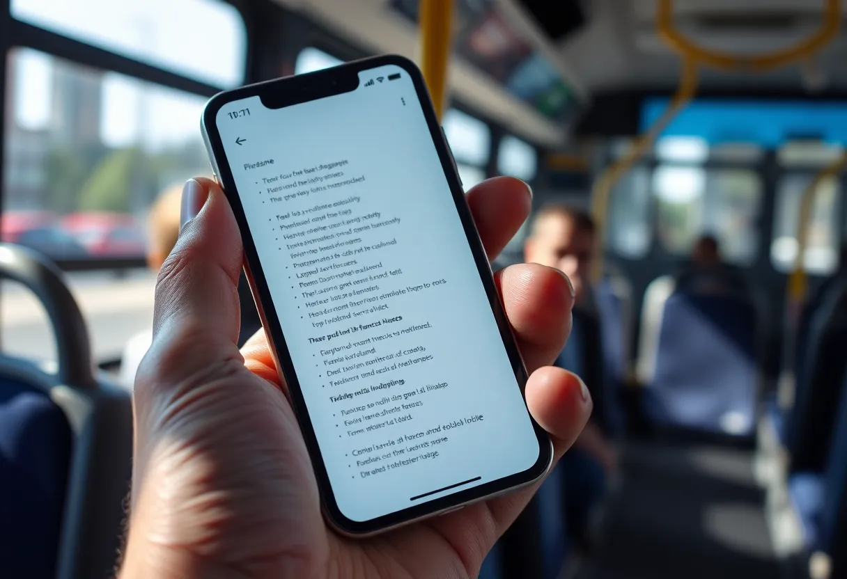 Phone on a bus showing a long scrolling list