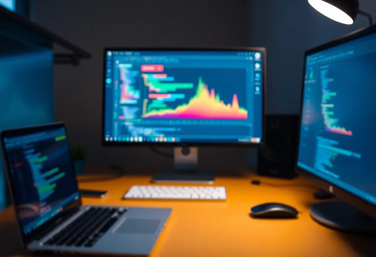Frontend desk with a blurred performance flame chart on the monitor