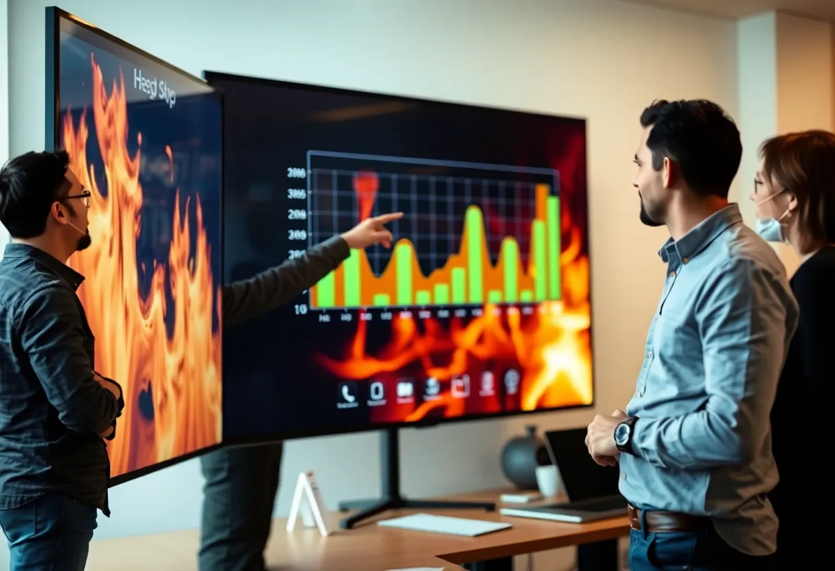 Developer pointing at a blurred performance flame chart with colleagues