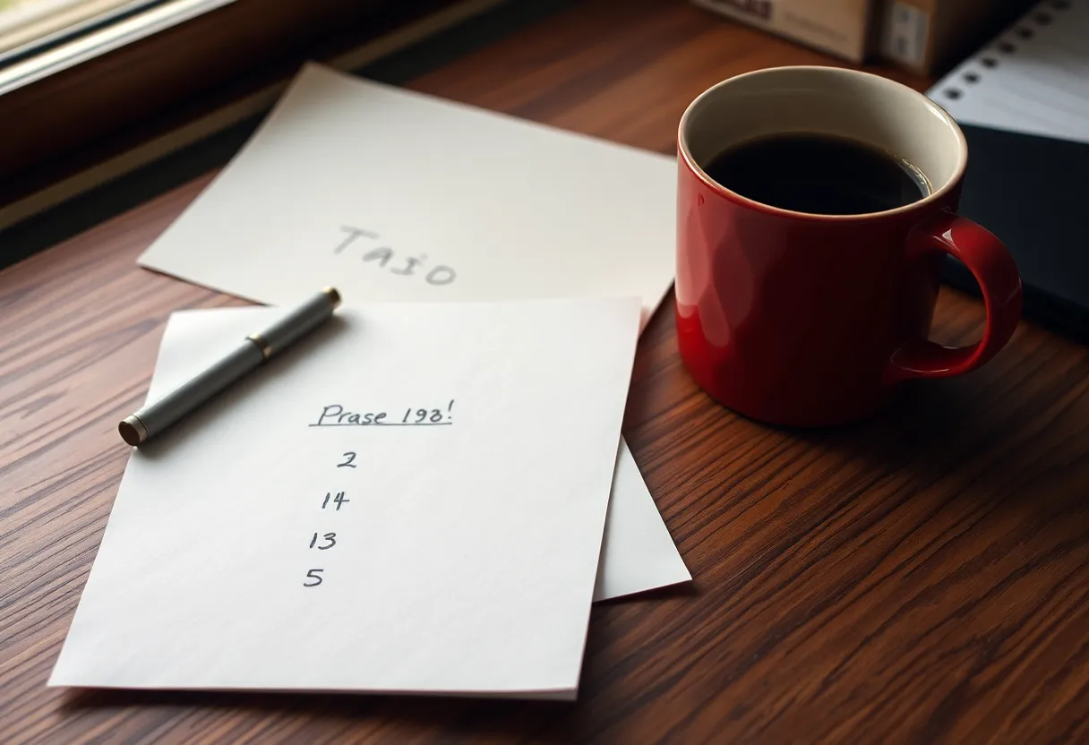 Handwritten notes and a coffee cup on a wooden desk