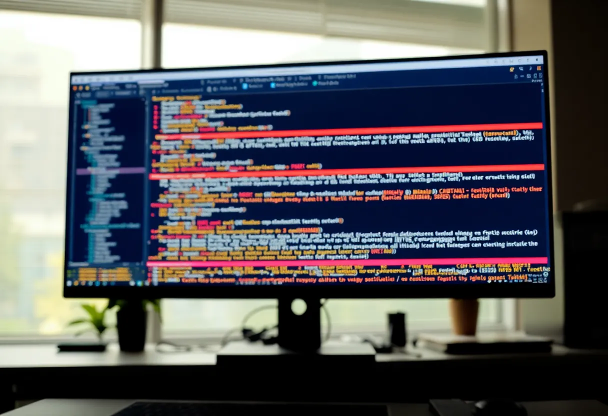 Large monitor showing a blurred multi-pane debugger