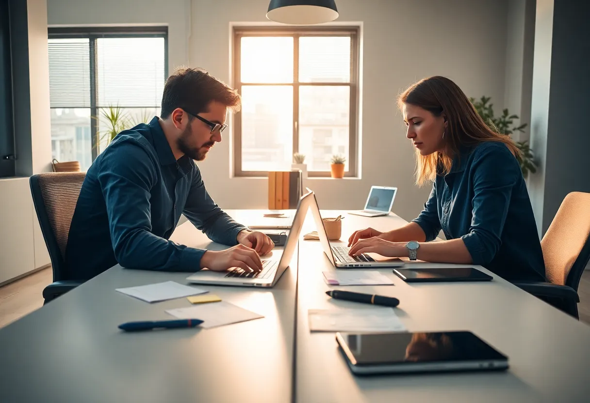 Two people pairing at one laptop in an office