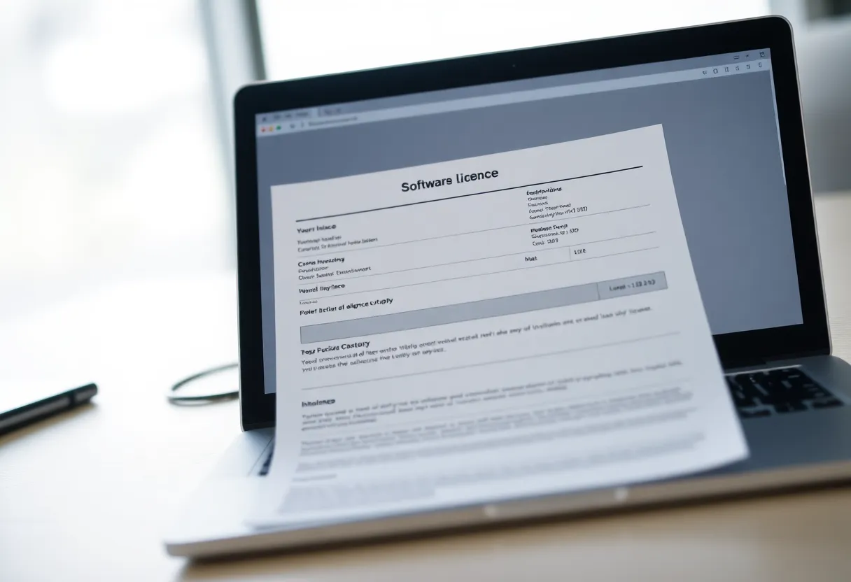 Software invoice on a desk beside a laptop