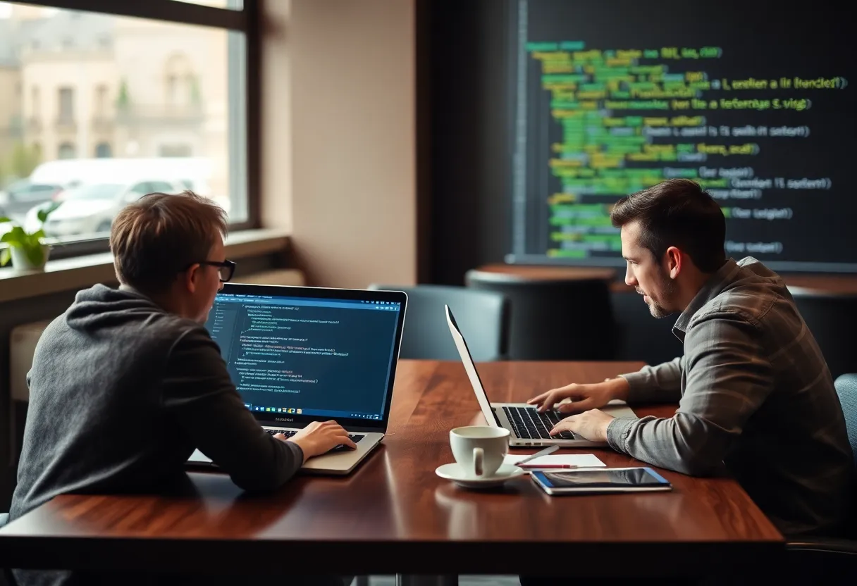 Two laptops facing each other during a code review