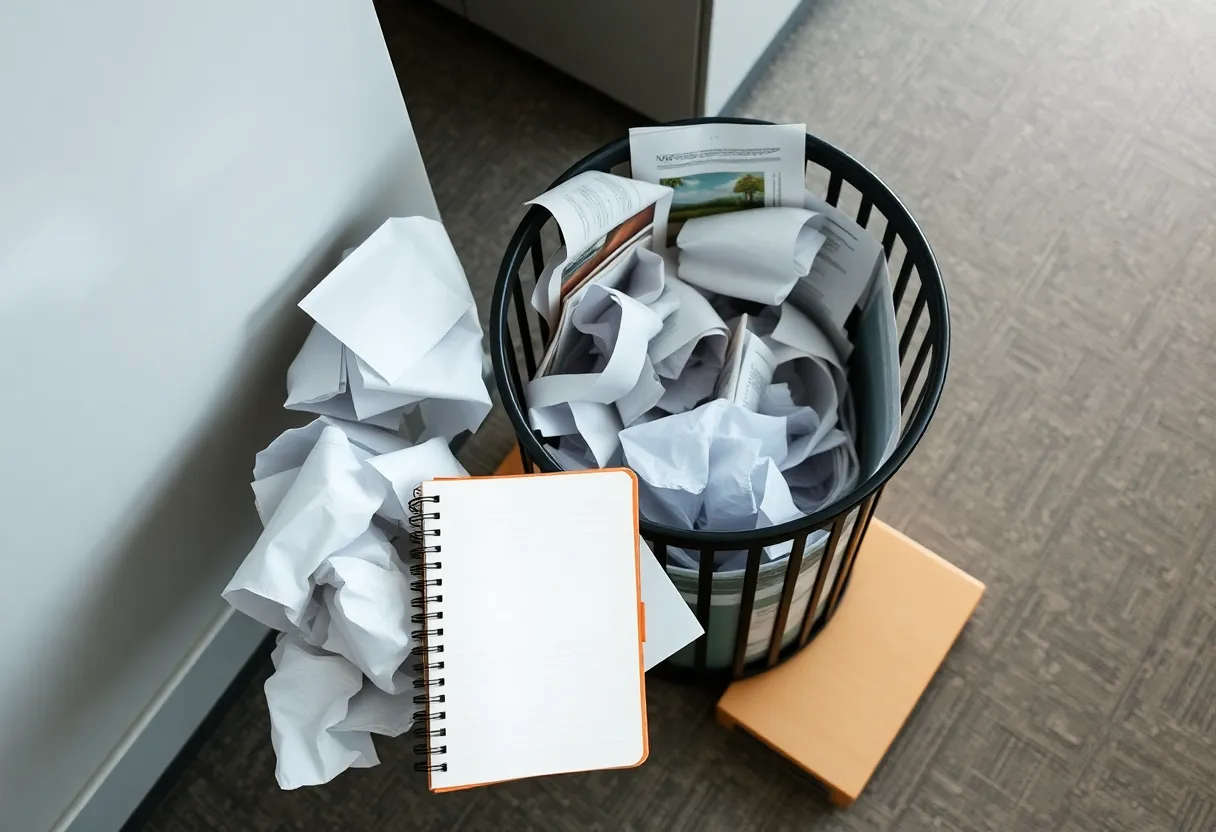 Wastebasket of crumpled printouts beside a tidy notebook