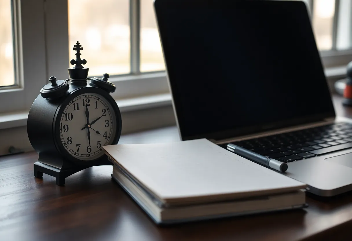 Chess clock and notebook beside a laptop