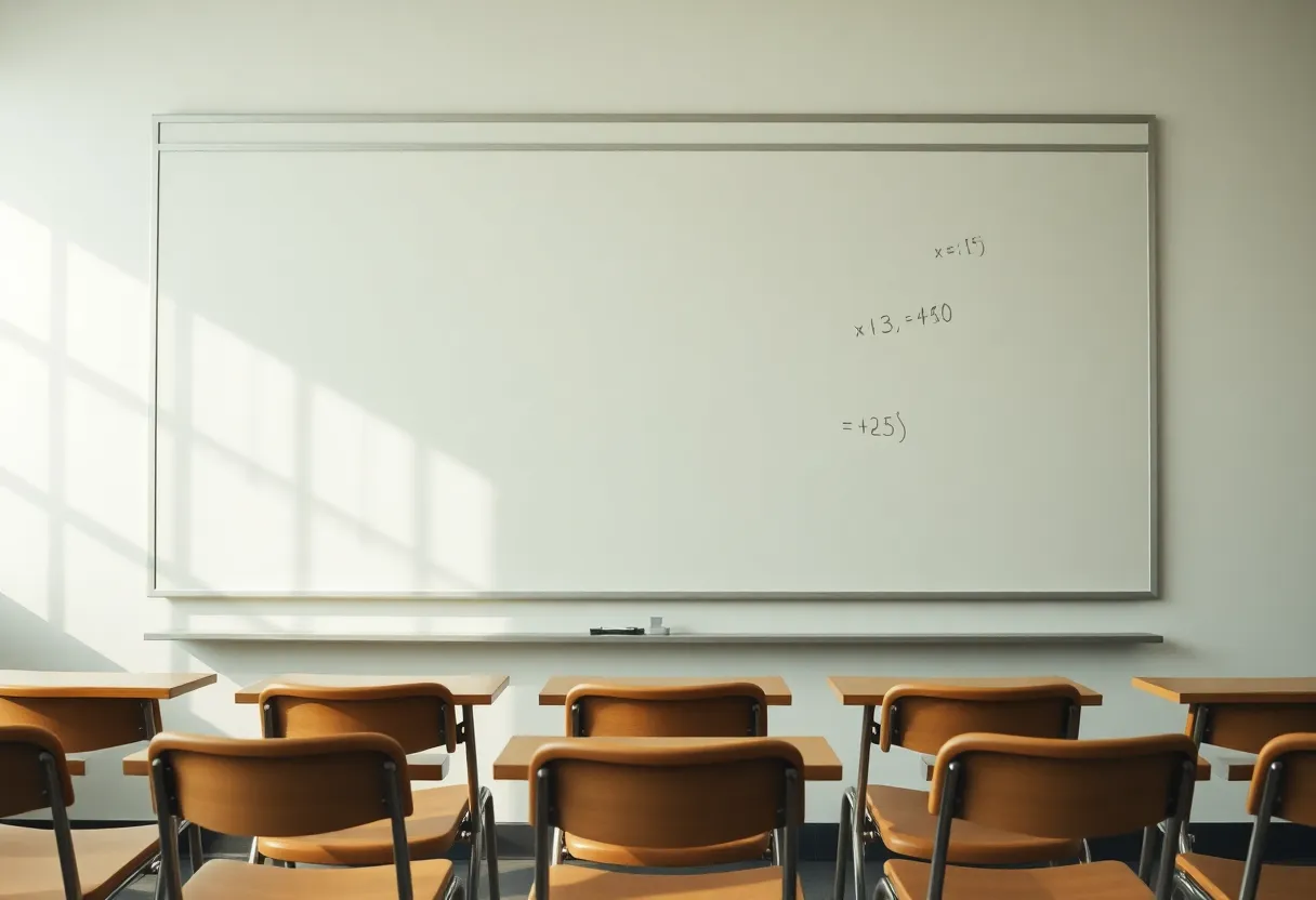Empty classroom chairs facing a whiteboard with erased marks