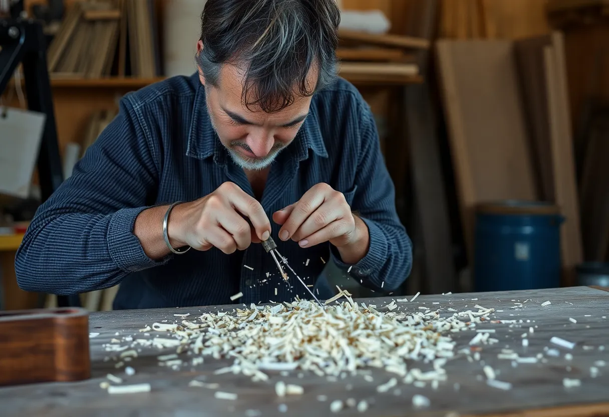Someone repeating a craft motion at a worn workbench