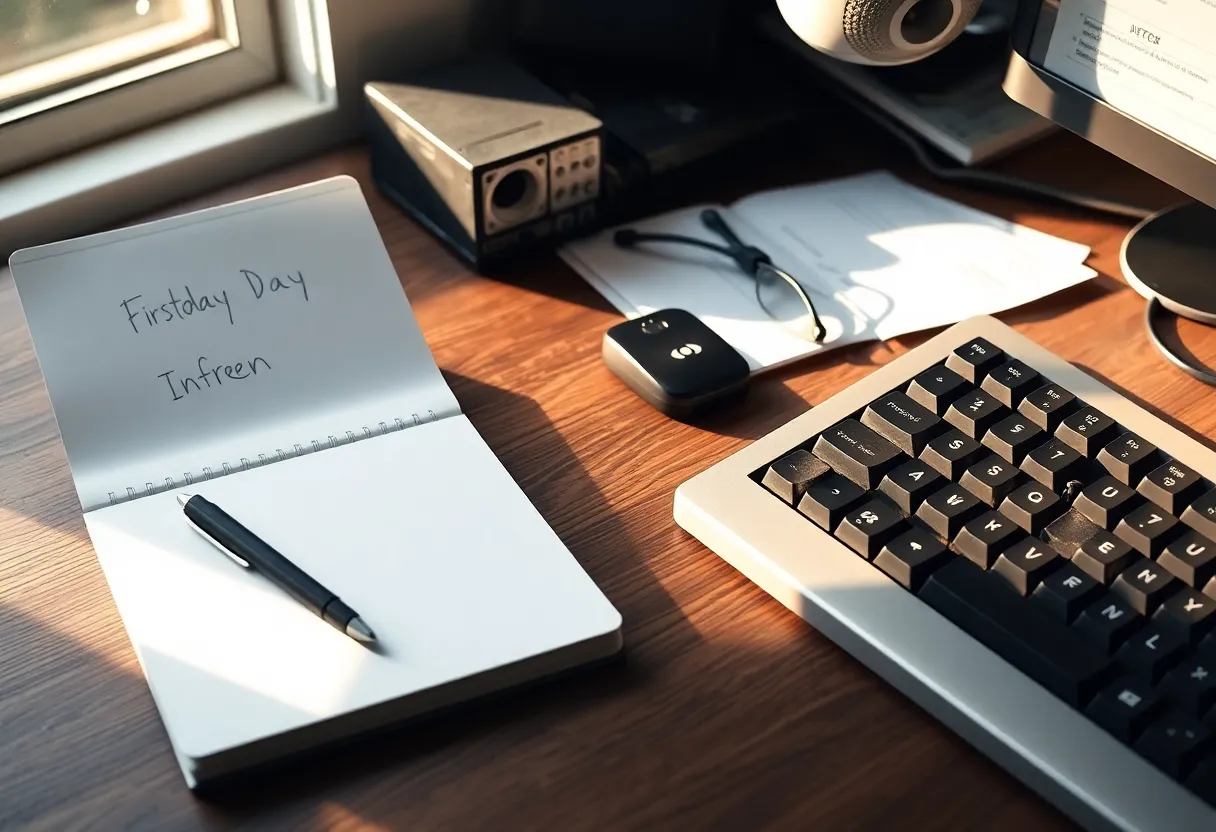 Intern notebook beside a worn senior keyboard on a shared desk
