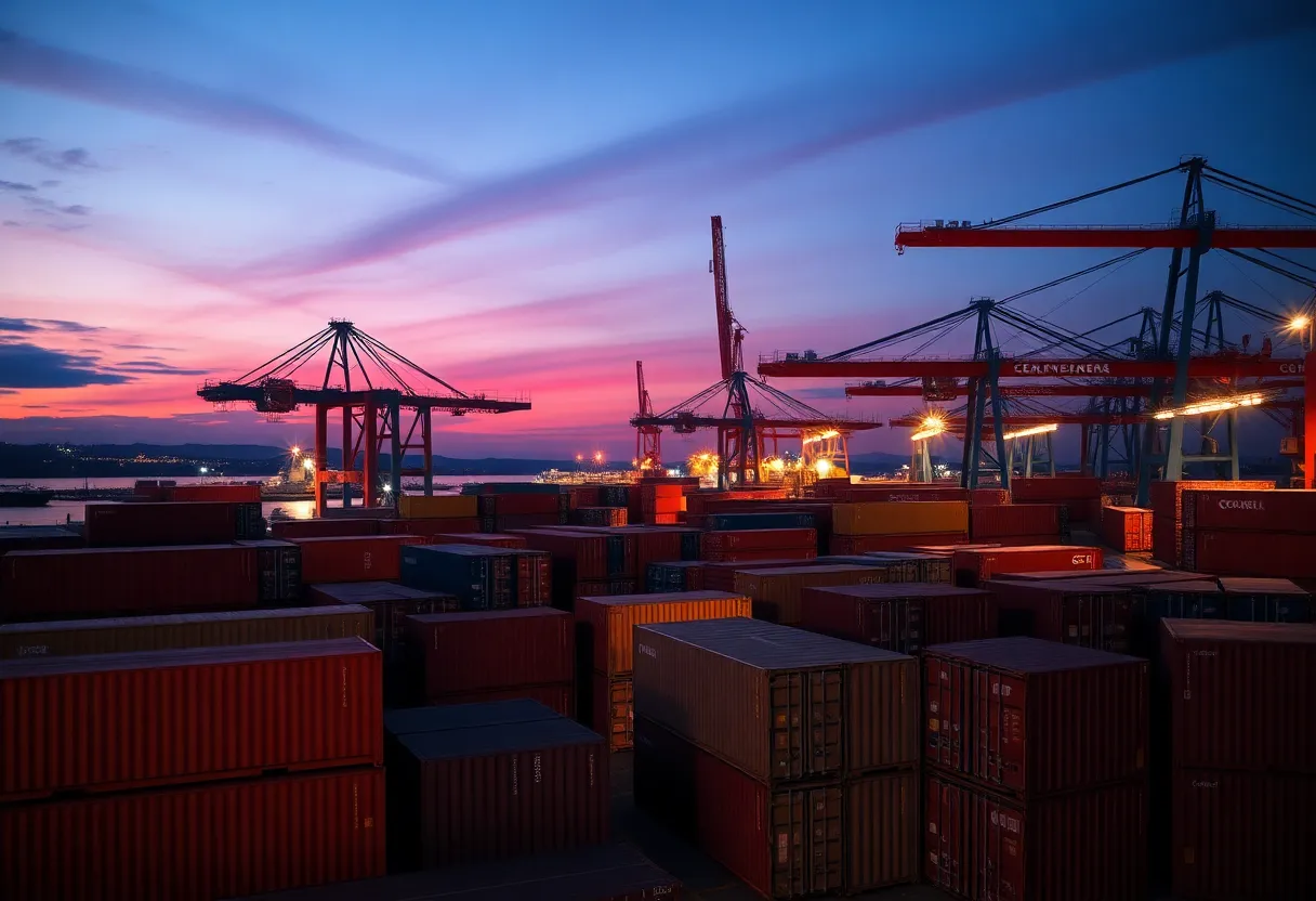 Port cranes and shipping containers at dusk