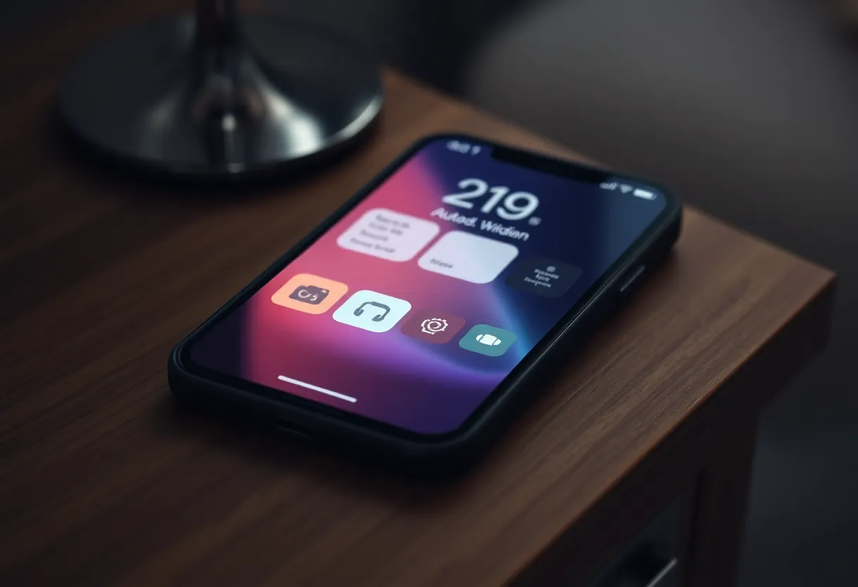 iPhone on a nightstand with lock screen widgets in morning light