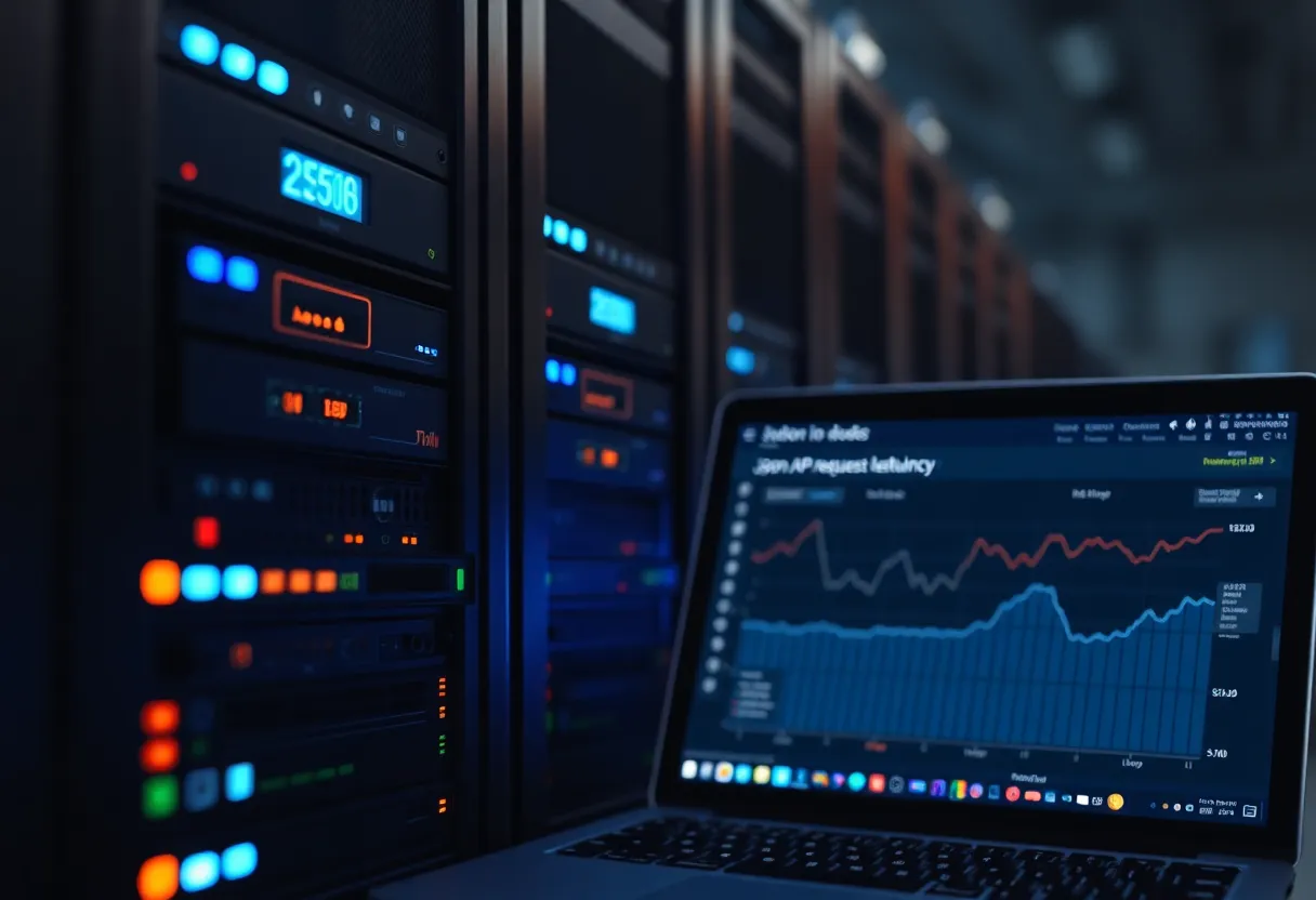 Laptop in a dim server room showing API logs and latency graphs next to a rack of production machines