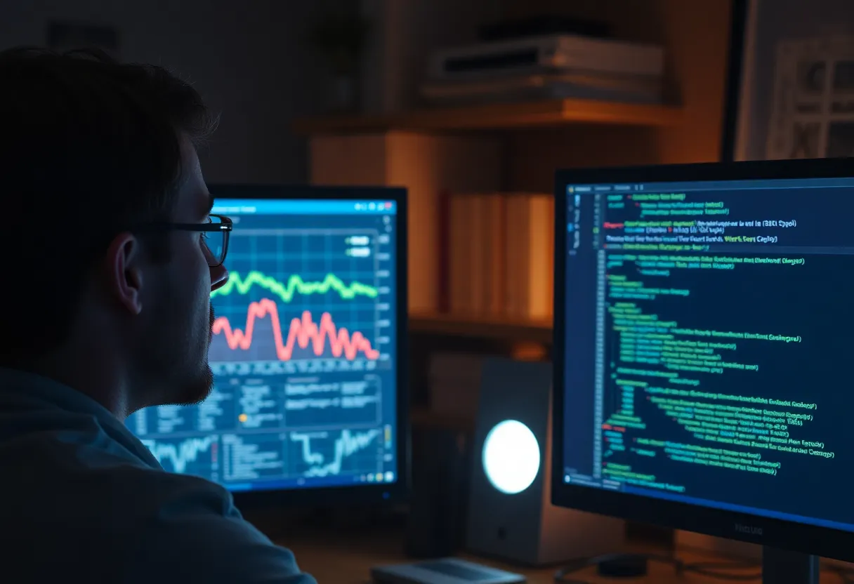 Engineer at two monitors comparing a job queue with CPU spikes against TypeScript source