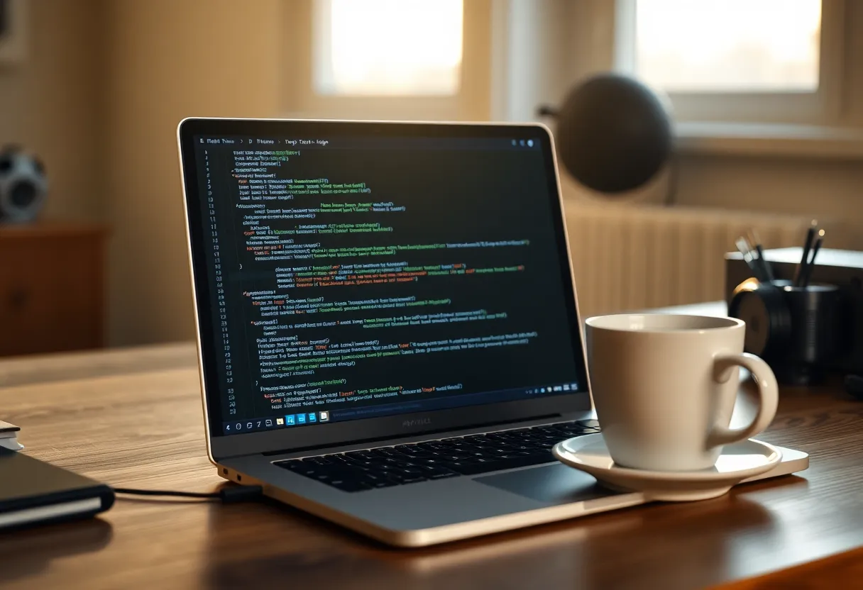 Developer desk with a terminal, coffee, and afternoon window light