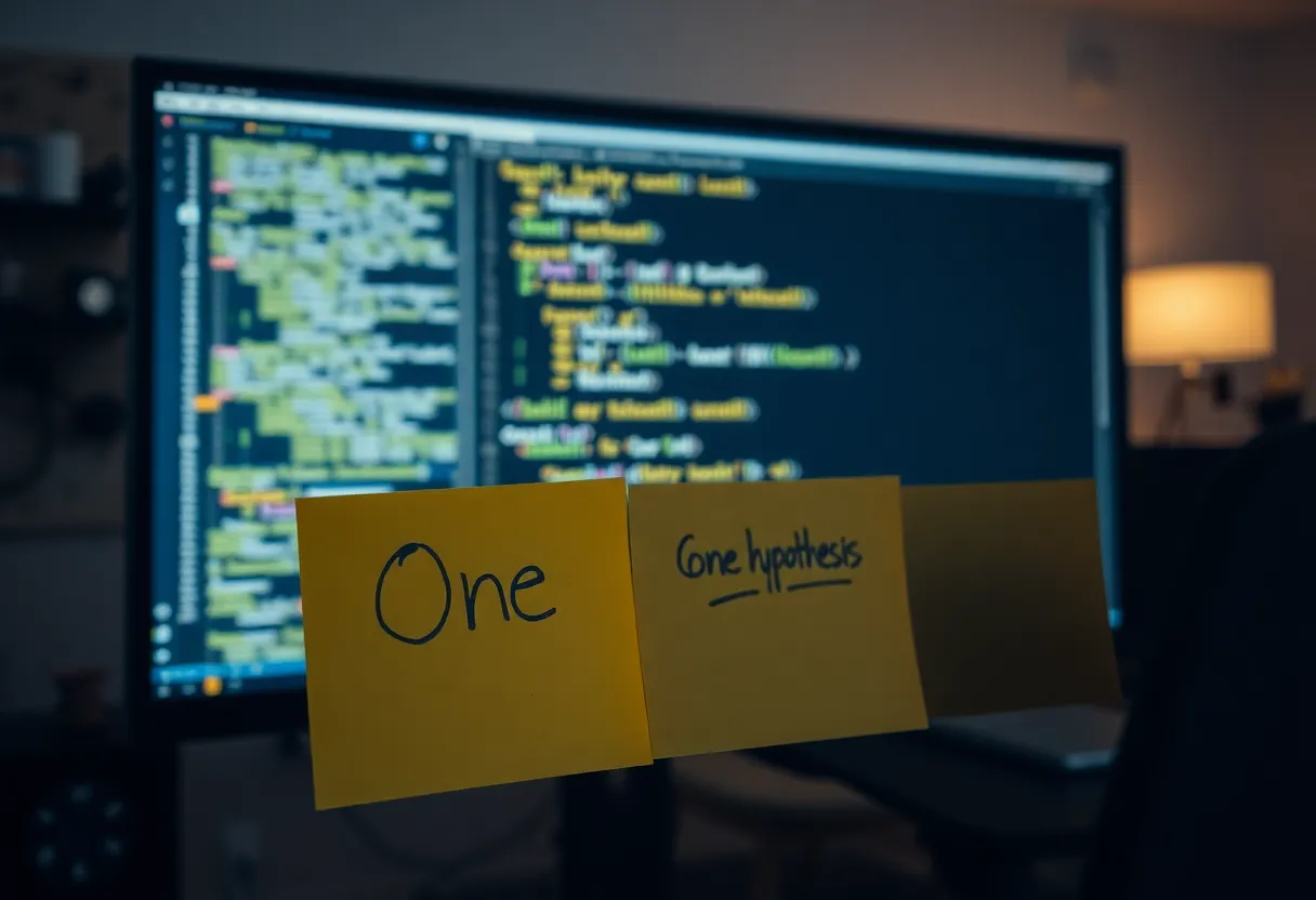 Debugger paused on a monitor with a sticky note for a single hypothesis