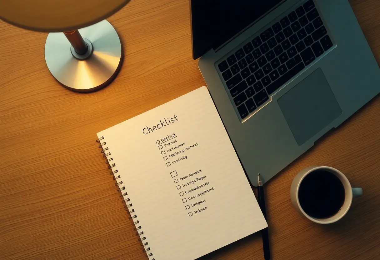 Overhead view of a notebook checklist beside a laptop on a warm desk