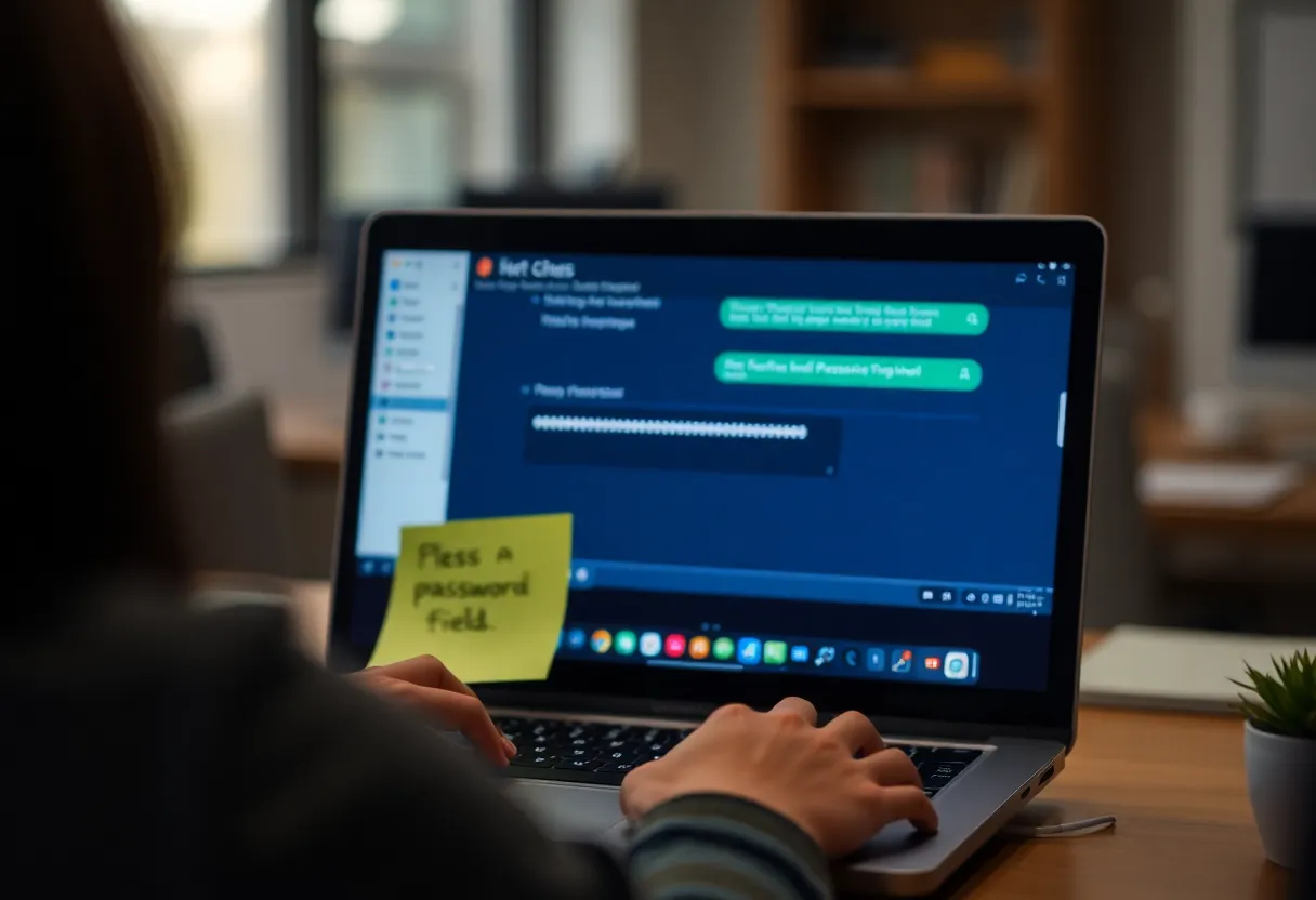 Developer at a laptop with a blurred chat window and a note covering a password field