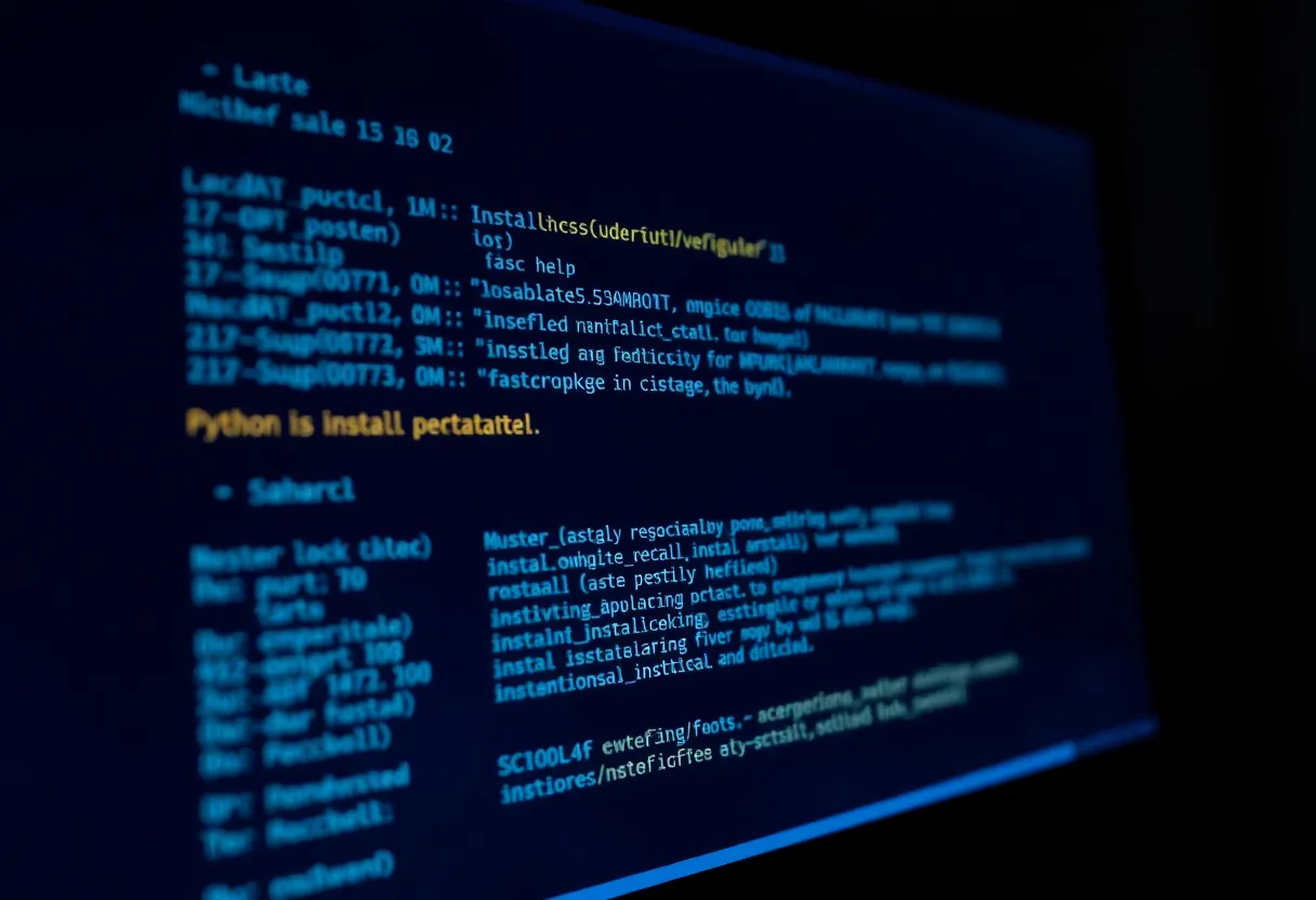 Dark desk with a terminal installing Python packages from a lockfile