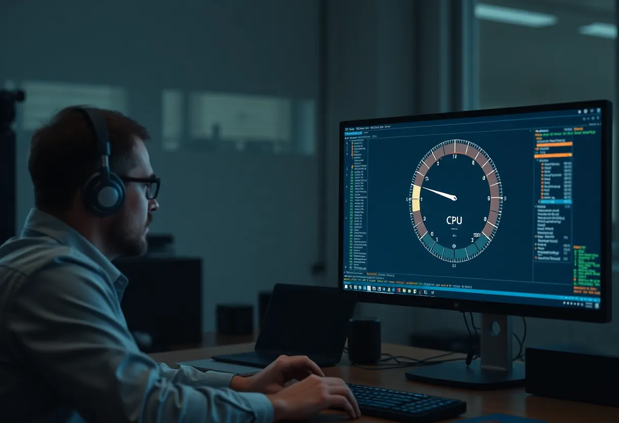 Engineer watching a CPU meter spike on a second monitor while an API waits