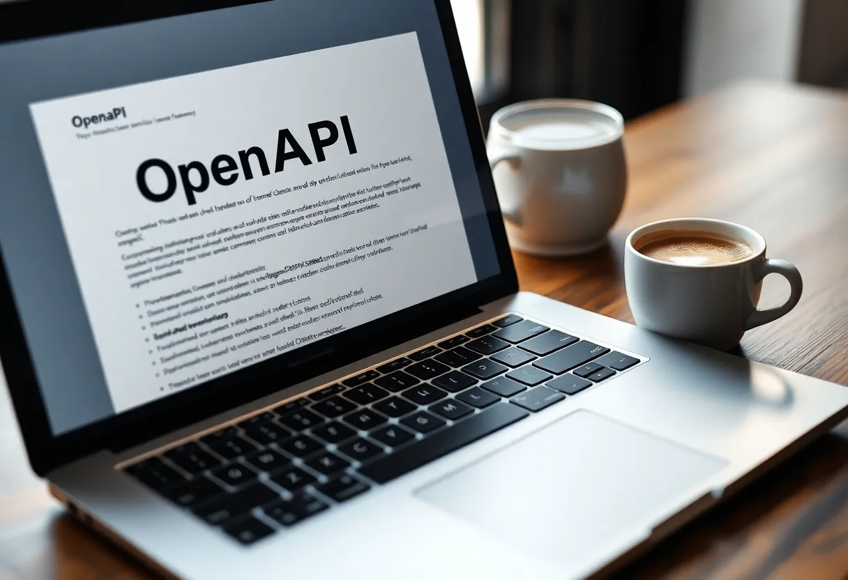 Laptop showing API documentation next to a coffee cup in daylight