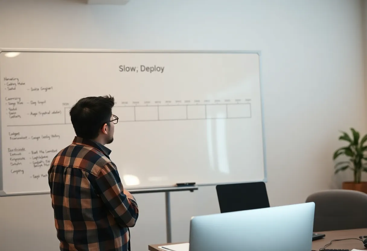 Engineer at a whiteboard timeline during a late-afternoon standup