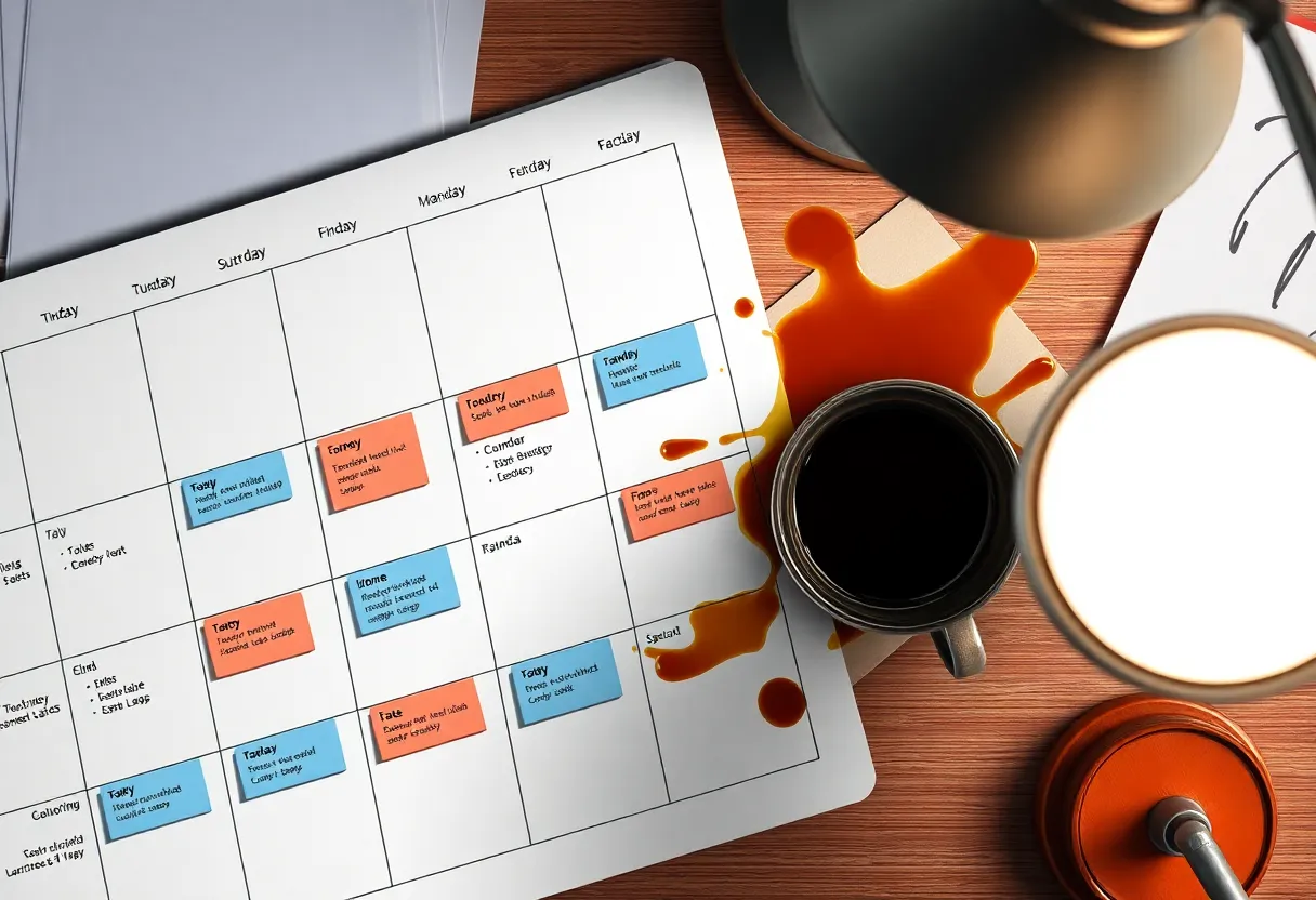 Overhead view of a weekly calendar packed with meeting blocks and a coffee stain