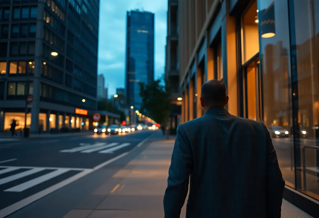 Person walking away from an office building on an evening city street