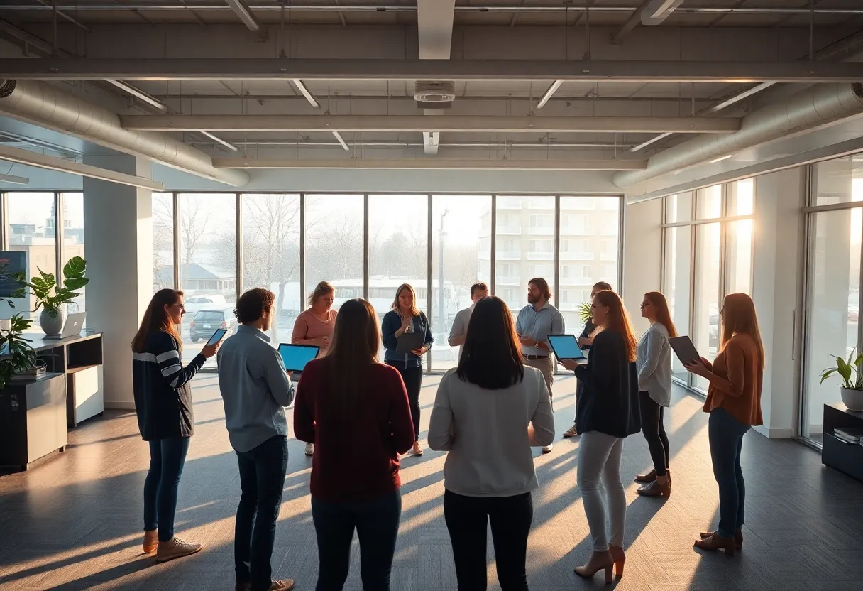Engineers standing in an open office circle with laptops in morning light
