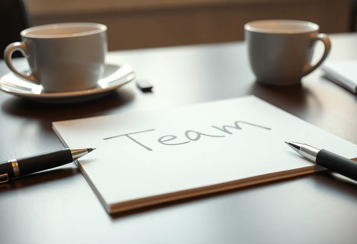 Written team note and coffee on a desk in late morning light