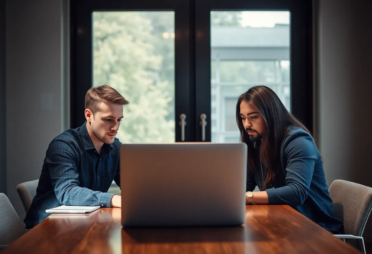 Two people pairing at one laptop in a quiet meeting room