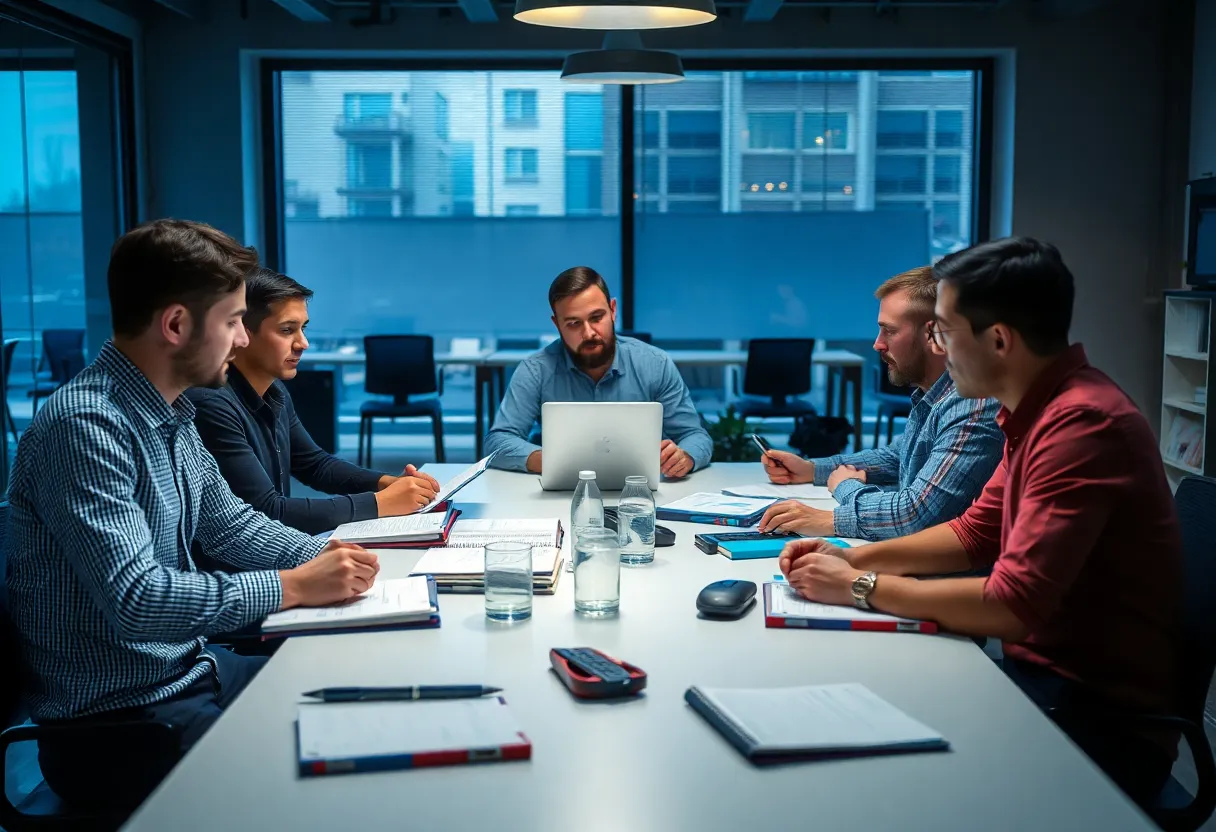 Small engineering team at a table after interviews with notebooks closed