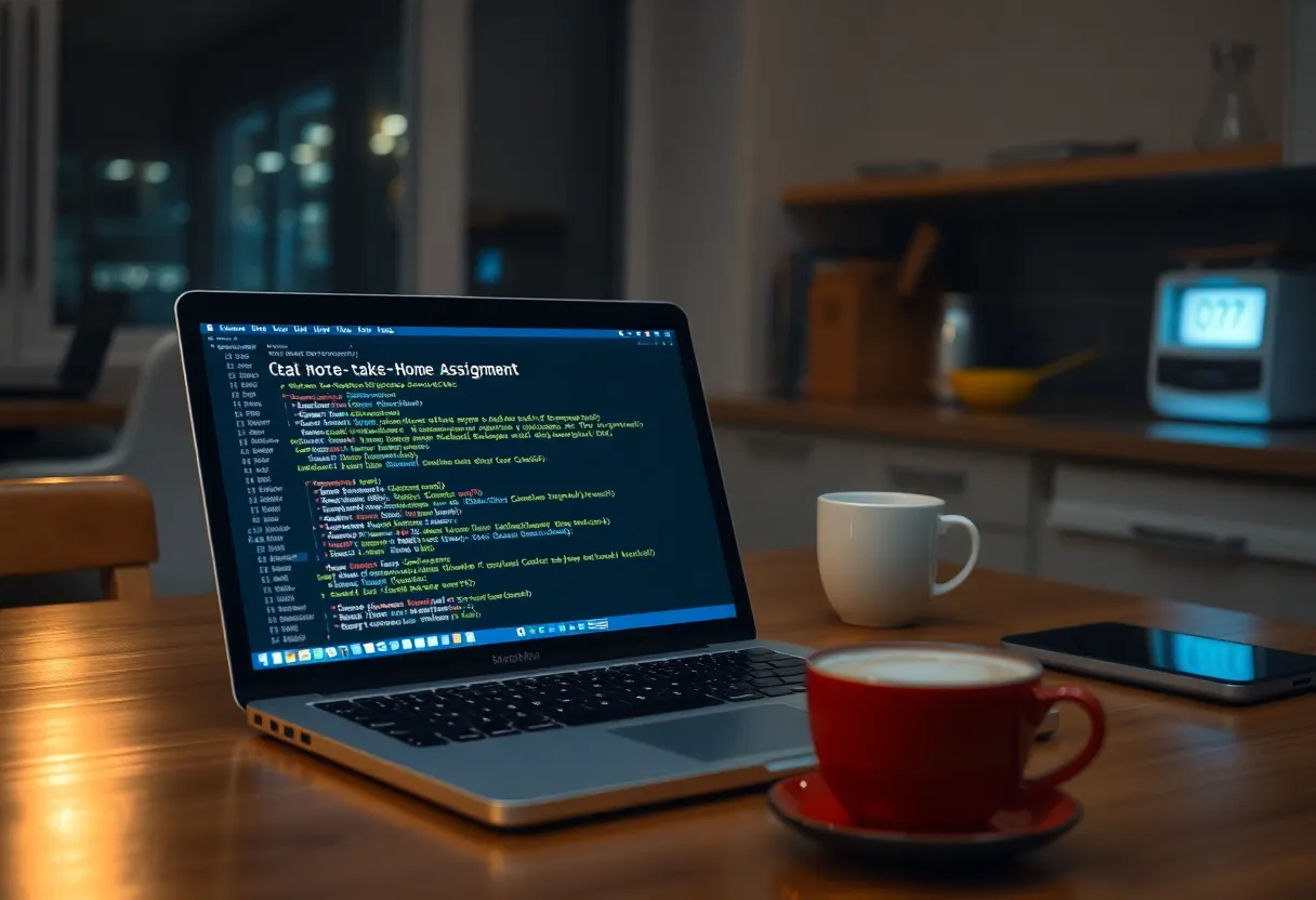 Laptop on a kitchen table at night with a coding take-home and coffee