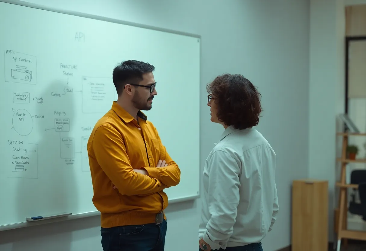 Engineer at a whiteboard sketching an API that talks to a model
