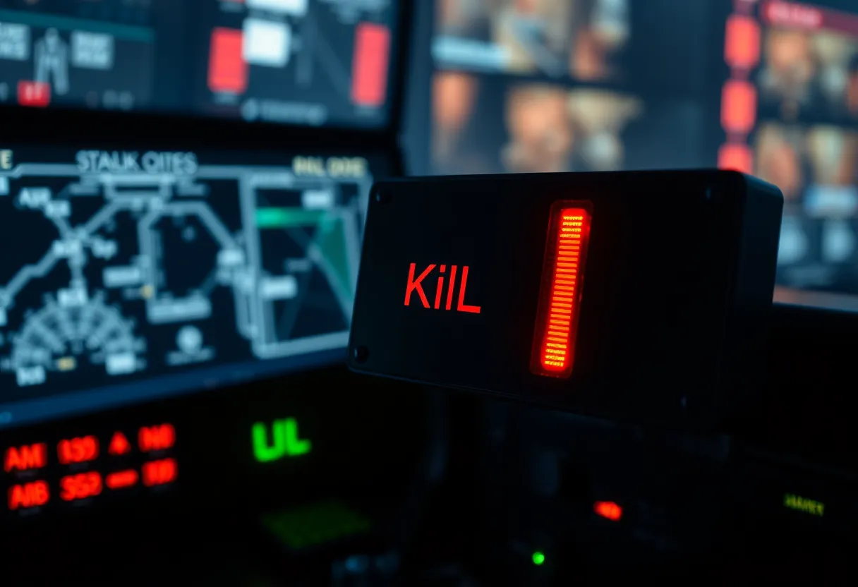 Ops dashboard with red and green kill-switch indicators in a dark room