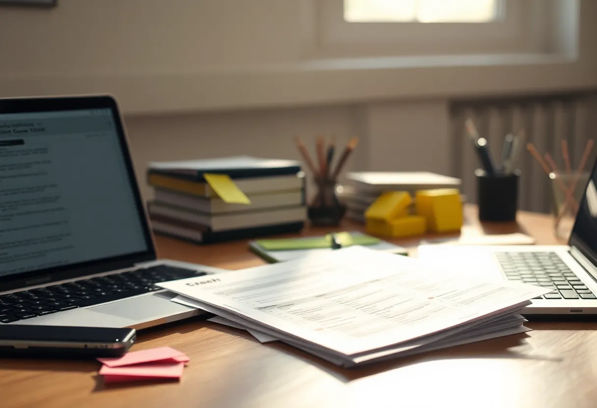 Printed evaluation cases and sticky notes on a desk next to a laptop