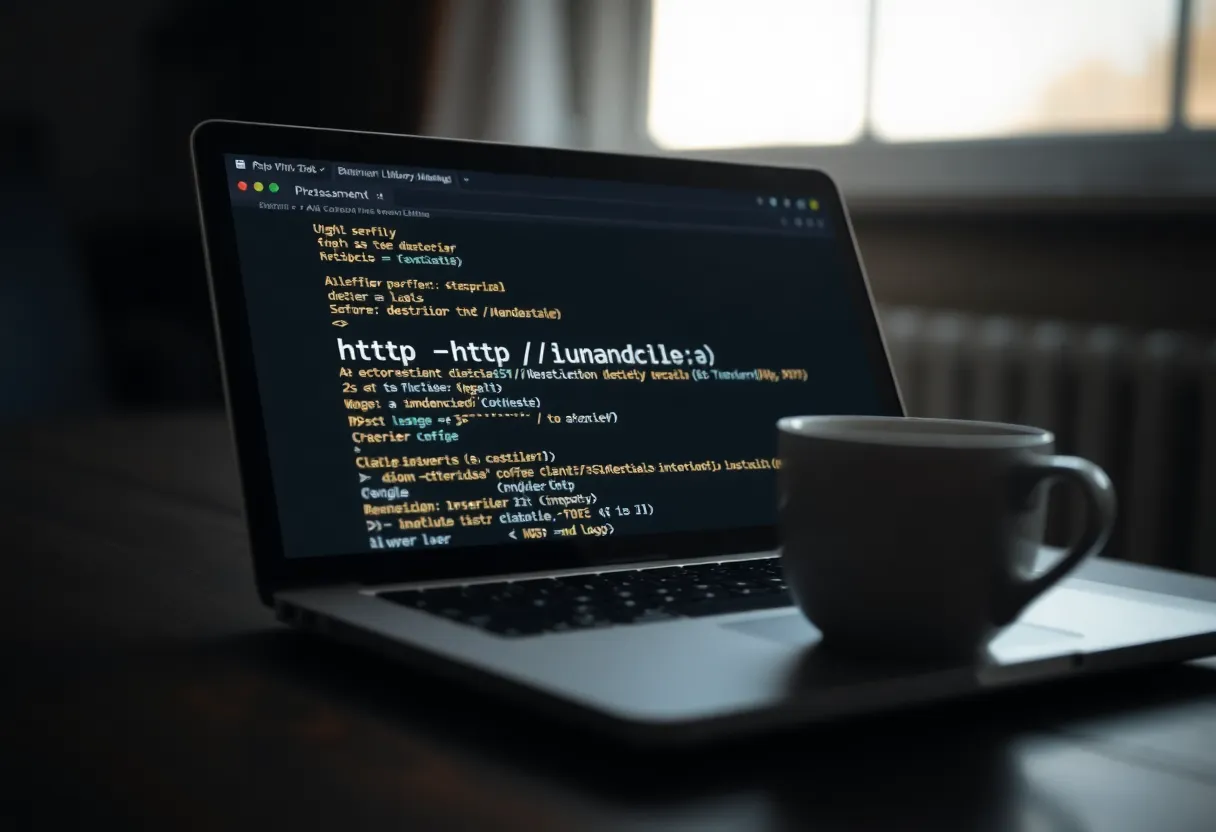Laptop showing a thin HTTP client next to a coffee cup in daylight