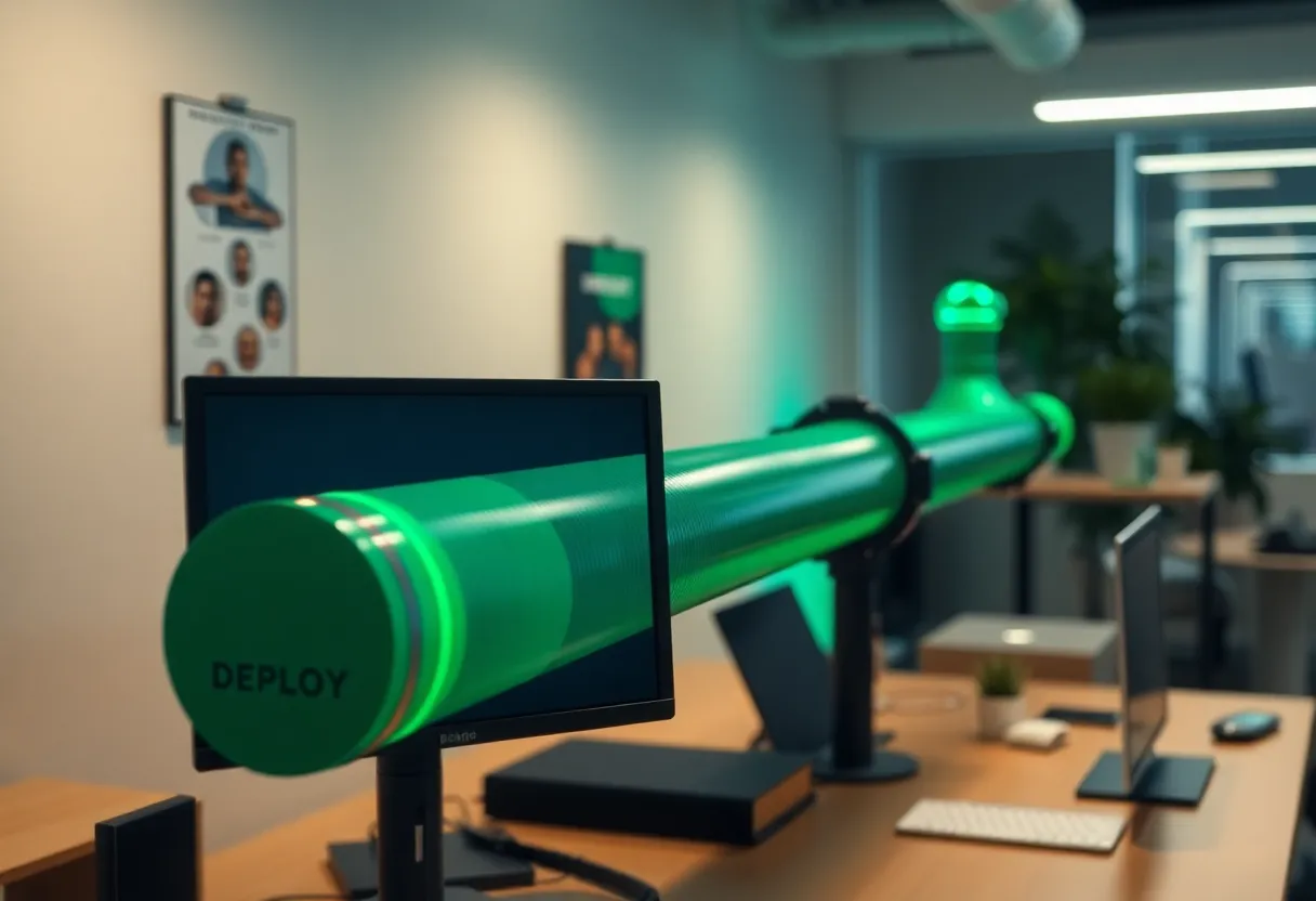 A single deploy pipeline with a green check on a quiet office monitor