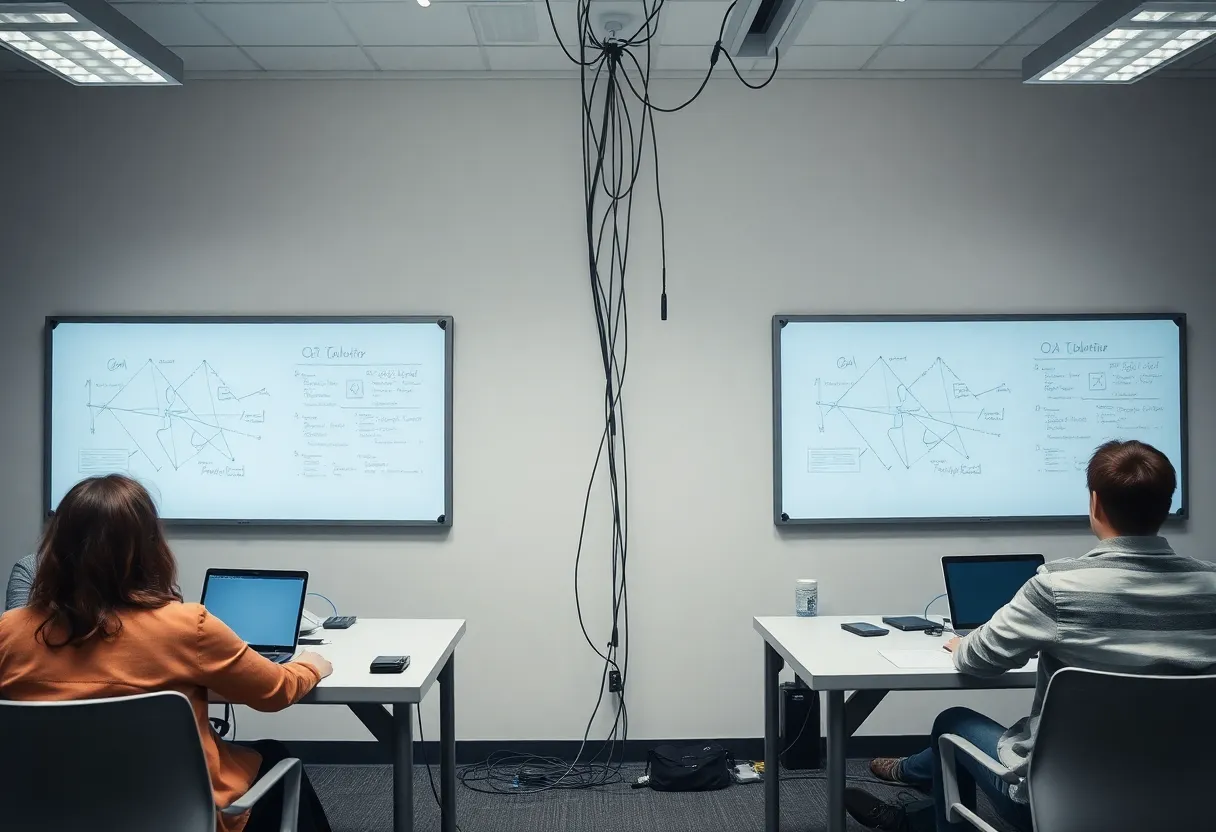 Two teams at separate whiteboards linked by a messy run of network cables