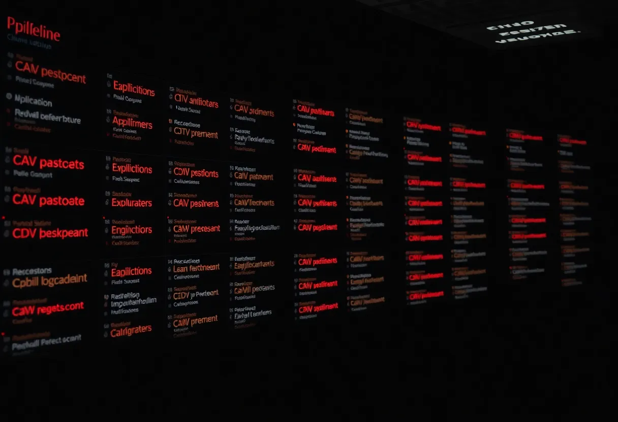 A wall of CI pipeline statuses in a dark office, some failing
