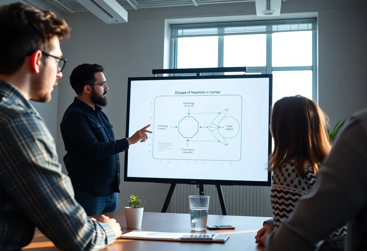 Developer explaining a simple diagram to two colleagues in a meeting room