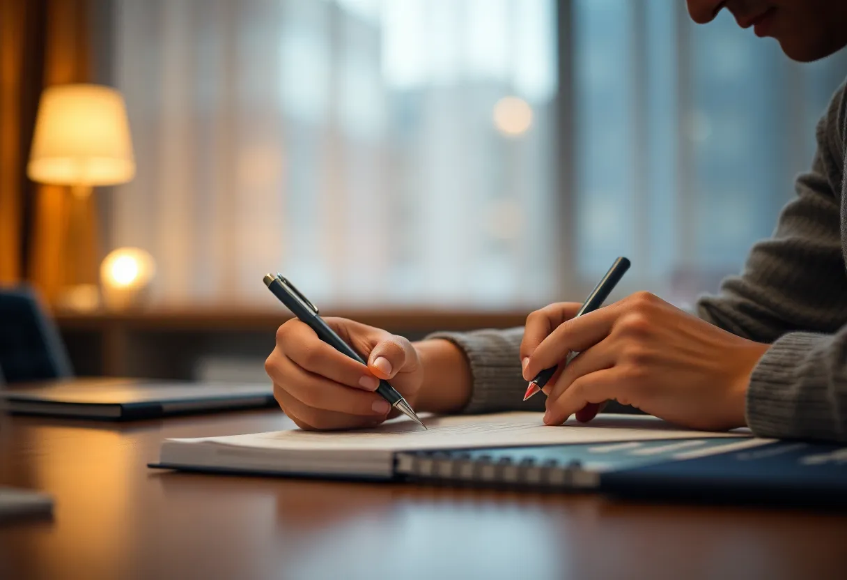 Person writing a design note in a notebook under an evening lamp
