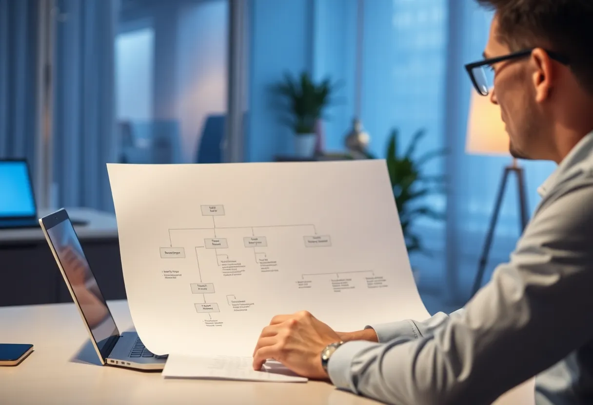 Manager reviewing a paper org chart with a closed laptop in a late office
