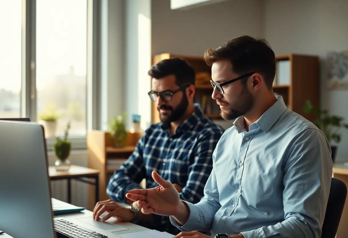 Two remaining engineers pairing in a quiet office in morning light