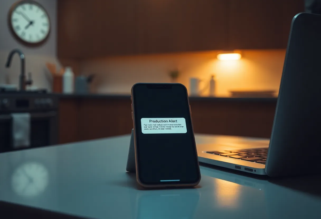Phone showing a production alert next to a laptop on a kitchen table at night