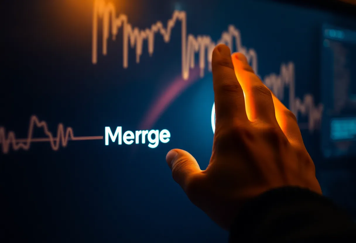 A hand hovering over a merge control on a glowing monitor
