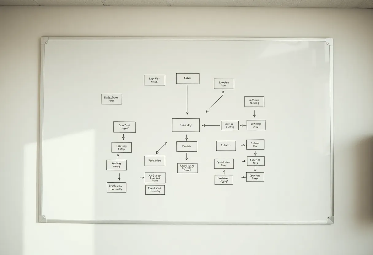 Whiteboard system map with boxes and arrows in daylight