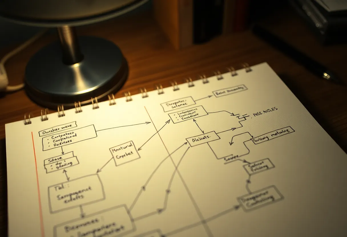 Notebook sketch of database schemas and dependency arrows under a lamp