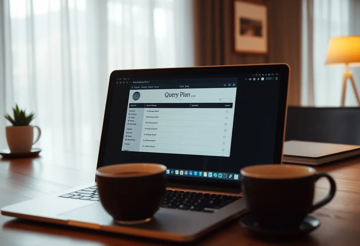 Laptop on a warm desk showing a database query plan next to coffee